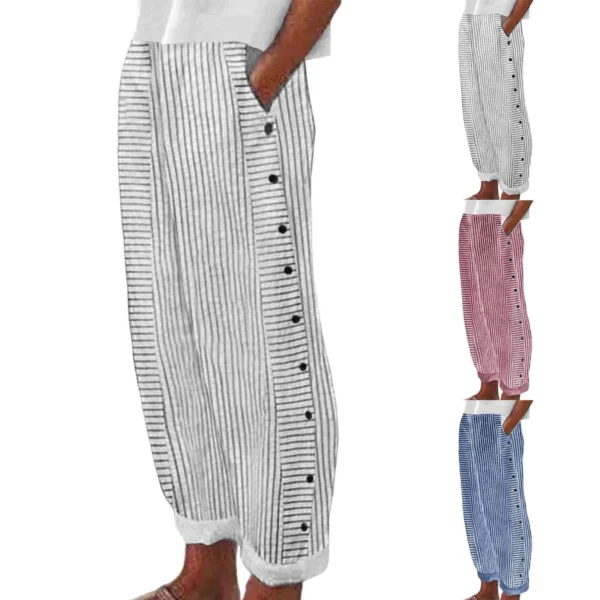 Long Linen Pants Women Women Summer Fashion Striped Print Button Casual Versatile Loose High Waist Yoga Dress Pants For Women - Image 5