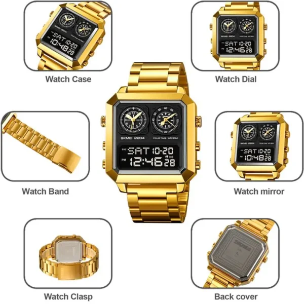 SKMEI Genuine Men's Electronic Watch Square Countdown Mary Gold Stainless Steel Strap 4 Time Timer Alarm Clock EL Luminous 2204 - Image 5