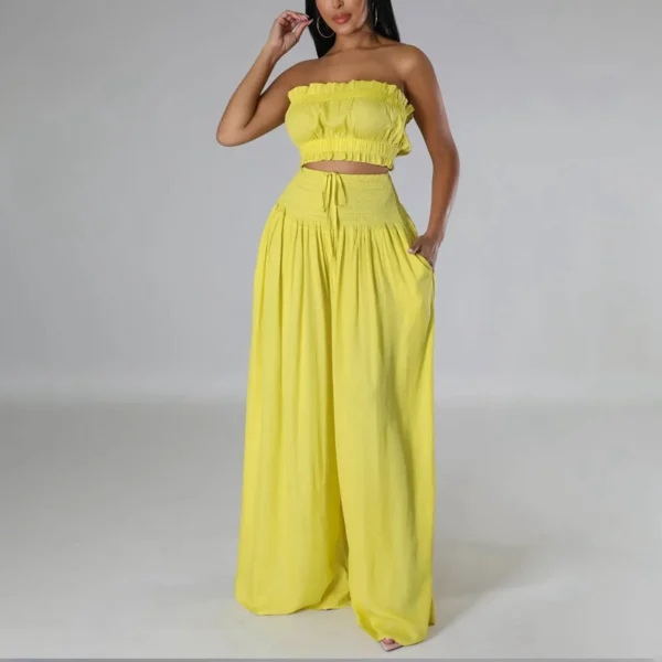 Women'S Solid 2 Piece Outfits Stylish Casual Solid Color Strapless Pantsuit Fashion Top And Pants Two Piece Sets костюм женский - Image 3