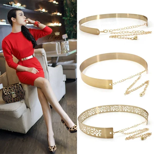Fashion Adjustable Metal Belt Women Gold Silver Wide Bling Plate Waist Belt Mirror Waist Chain Waistband Cummerbunds - Image 3