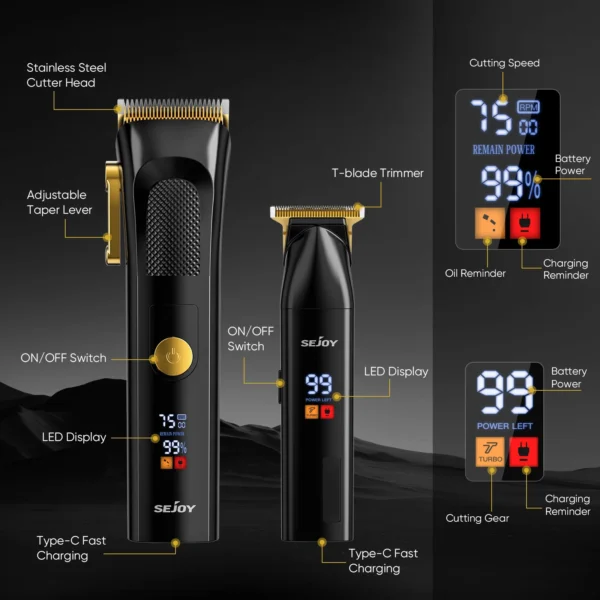 Sejoy Professional Electric Hair Clippers Kits 2 Gears Speeds LCD Rechargeable Hair Trimmers for Men Cordless Hair Cut Machine - Image 5