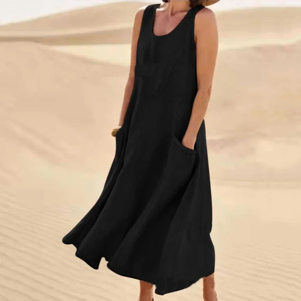 Women Coton Linen Sundress Summer Female Sleeveless Double Big Pocket Loose Sand Beachwear Long Dress Oversized S-5XL LRFZ-818 - Image 8