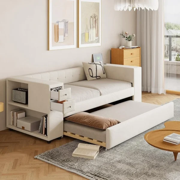 Velvet Upholstered Daybed with Twin Trundle USB Charging Port Storage Drawers Modern Guest Room Furniture Twin Size Frame - Image 2