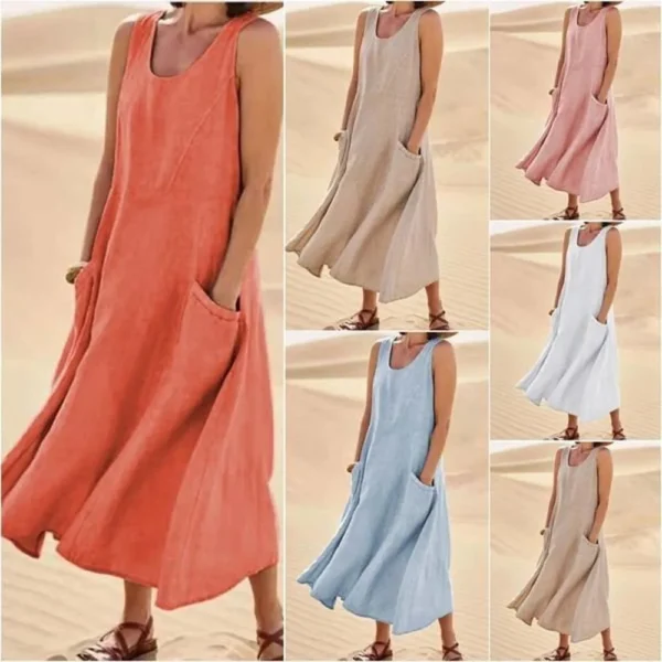 Women Coton Linen Sundress Summer Female Sleeveless Double Big Pocket Loose Sand Beachwear Long Dress Oversized S-5XL LRFZ-818 - Image 2