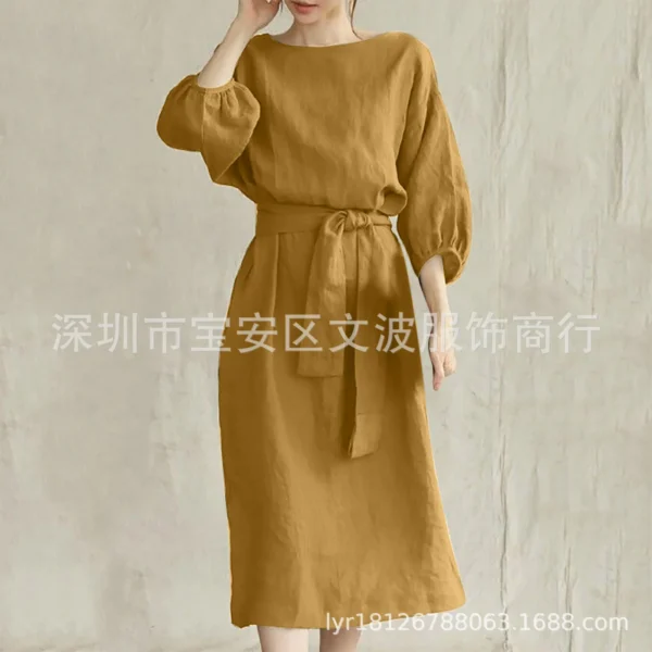 autumn Dress Women 2024 New Cotton Linen Solid Lace Up Casual Oversize O Neck Chic Long Sleeve Midi Dresses for Women with Belt - Image 15