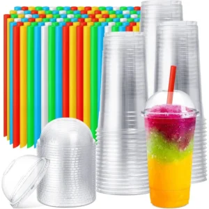 100 Sets Clear Plastic Cups with Dome Lids and Colorful Straws, Disposable Slushie Smoothie Cups PET Beverage for Party
