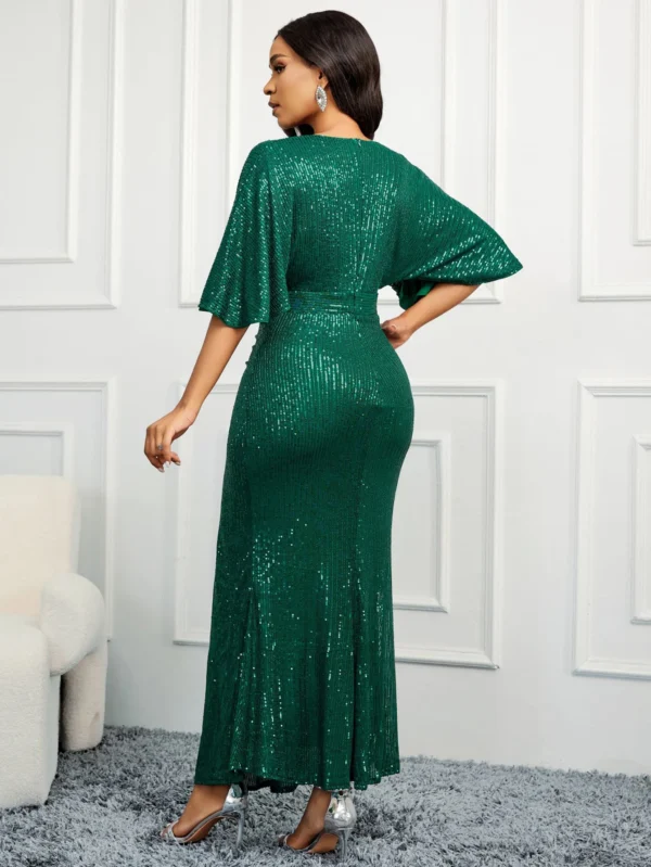 Women Sequin Dress Summer elegant V-Neck Ruffles Short Sleeves Vintage Pencil Pleats Slim Fit Fashion Banquet Cocktail Party - Image 3