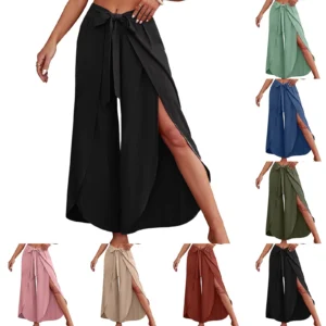 Bohemian Women Flowy Wide Leg Pants Casual Summer Beach Pants Lace-Up Fashion Solid Color Baggy Trousers Pantalones De Mujer