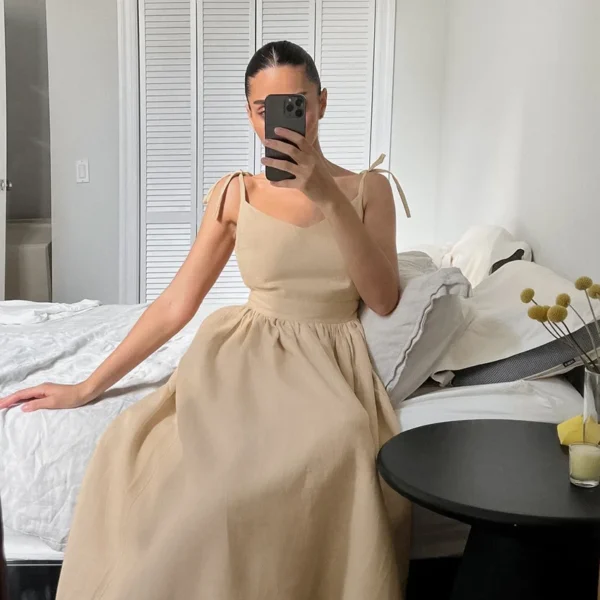 DSMTRC Women 2024 Elegant Lace-Up Pockets A-Line Dresses Summer Sexy Backless Party Pleated Dress Fashion Brown Linen Long Dress - Image 15