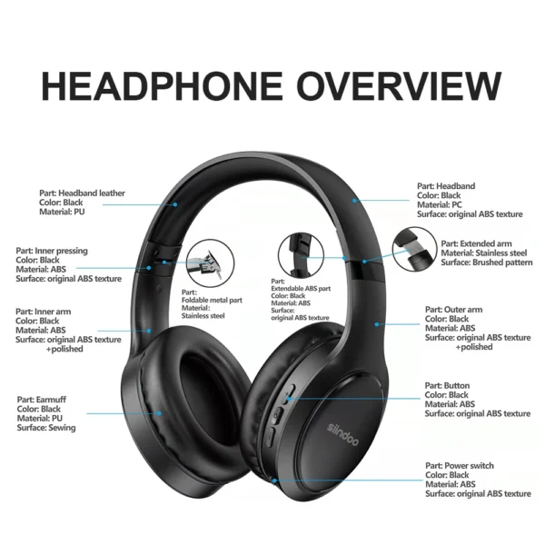 Siindoo JH-919 Wireless Bluetooth Headphones Foldable Stereo Earphones Super Bass Noise Cancelling Mic For Iphone Laptop PC TV - Image 5
