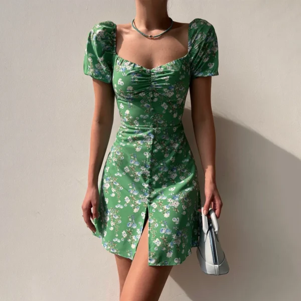 Female Dresses Women'S Skirt V Neck Fashionable Bubble Sleeve Floral Shorts Dress Party Dresses With Printing Vestidos Femenino - Image 2