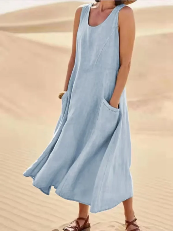 Women Coton Linen Sundress Summer Female Sleeveless Double Big Pocket Loose Sand Beachwear Long Dress Oversized S-5XL LRFZ-818 - Image 15