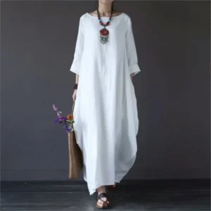 Women's Loose O Neck Large Swing Cotton And Linen Long Dress Spring Summer White Maxi Dresess Women Vintage Women's Dress