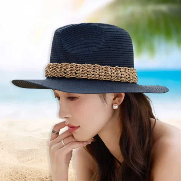 Women Wide Brim Sun Hat with Bowknot Ribbon Summer Beach Straw Hat Foldable Floppy Fedora Hat for Vacation Travel Party Clothes - Image 2
