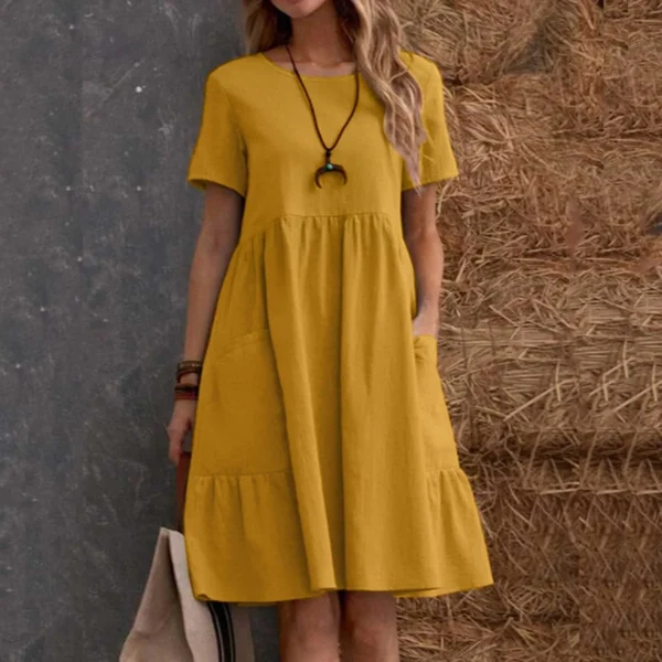 Evening Dresses Outfits Women Fashion Solid Vintage Cotton And Linen Loose Pocket Round Neck Short Sleeve Vestido Mujer Elegante - Image 4