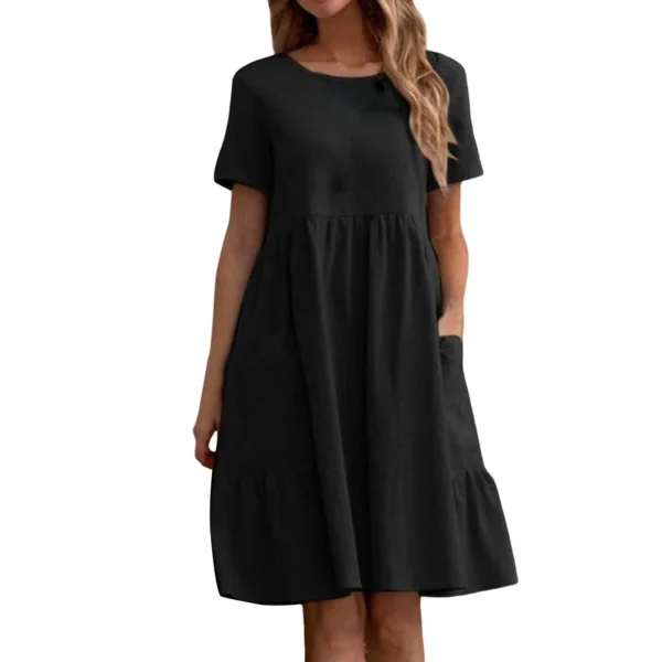 Evening Dresses Outfits Women Fashion Solid Vintage Cotton And Linen Loose Pocket Round Neck Short Sleeve Vestido Mujer Elegante - Image 8